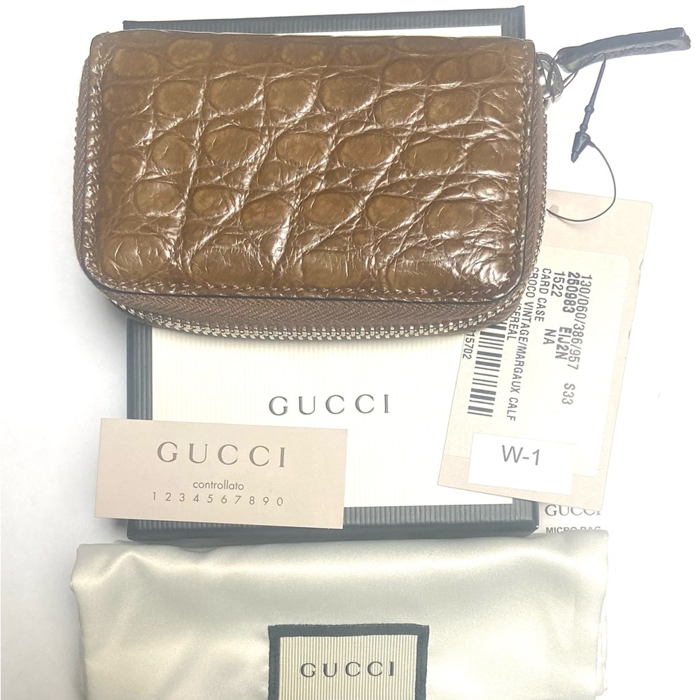 Gucci #250983 Brown Crocodile Zip Around Card Case